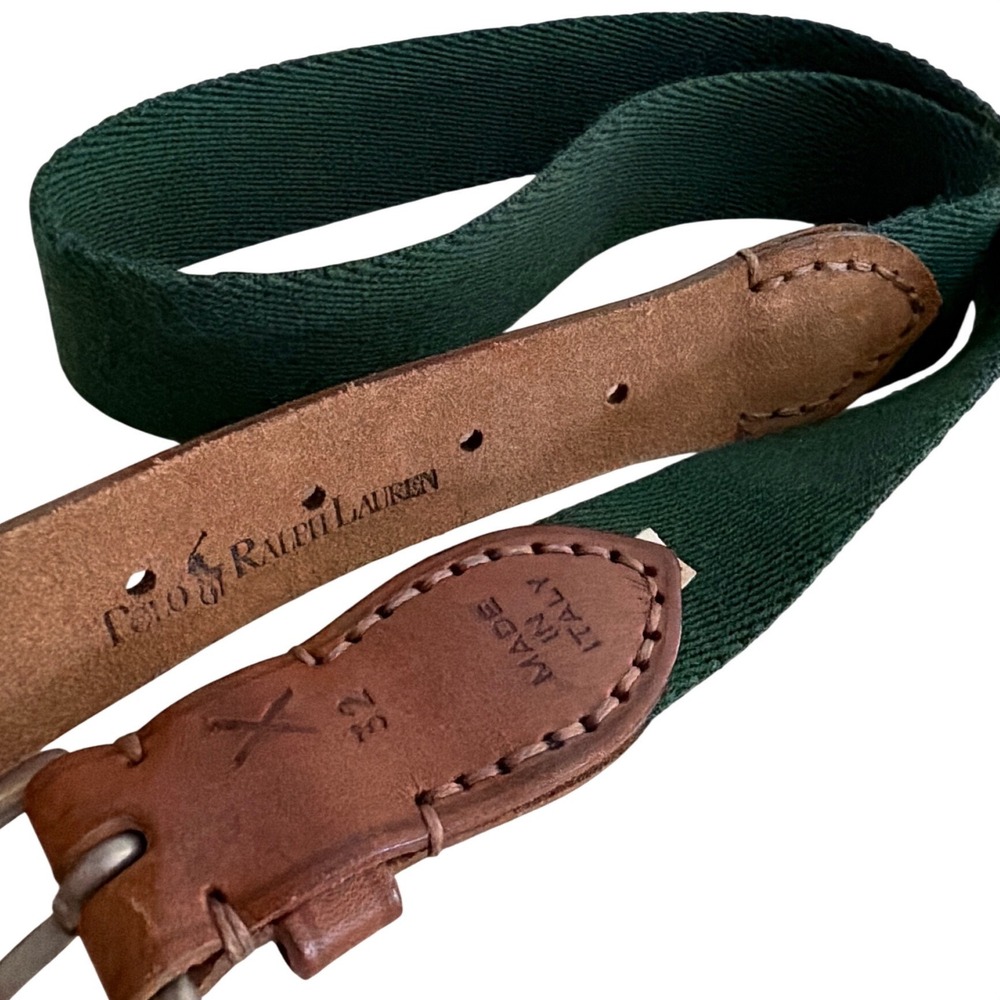 Polo Ralph Lauren Men Sz 32 Green Web Belt Brown Leather Trim Made in Italy